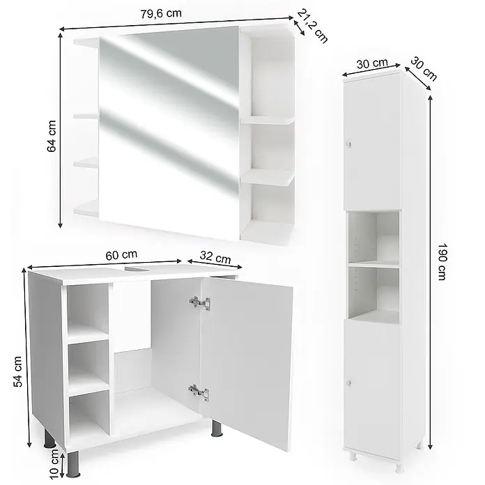 Vicco Badmöbel-Set Fynn Weiß 3 Teile, mit Hochschrank - Gesamtbreite Badmöbel: 90 cm, Weiß, Matt - Weißes Badmöbel-Set mit Spiegelschrank, Waschtischunterschrank und Hochschrank.