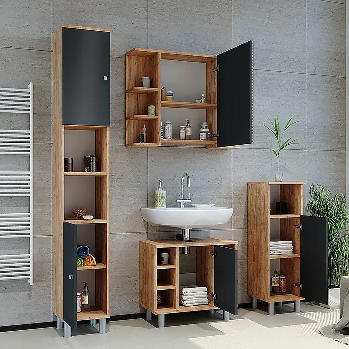 Vicco Badmöbel-Set Fynn Eiche 2 Teile - Gesamtbreite Badmöbel: 60 cm, Eiche, Matt - Modulares Badmöbelset in Holz und Schwarz, mit Schränken, offenen Regalen und einem Spiegelschrank.