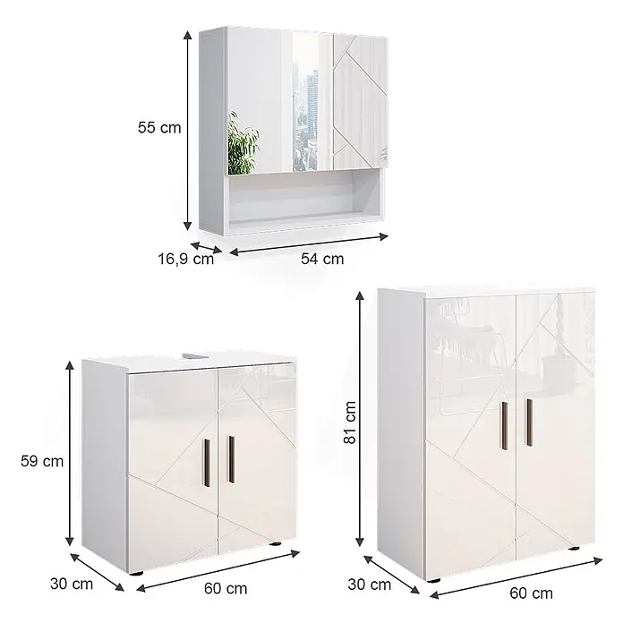 Vicco Badmöbel-Set Irma Weiß Hochglanz 3 Teile, mit Unterschrank 60 cm - Gesamtbreite Badmöbel: 120 cm, Weiß Hochglanz, Glänzend - Weißes, glänzendes Möbelset mit geometrischen Mustern: ein Spiegelschrank, ein Waschtischunterschrank und ein Hochschrank, mit Maßen.