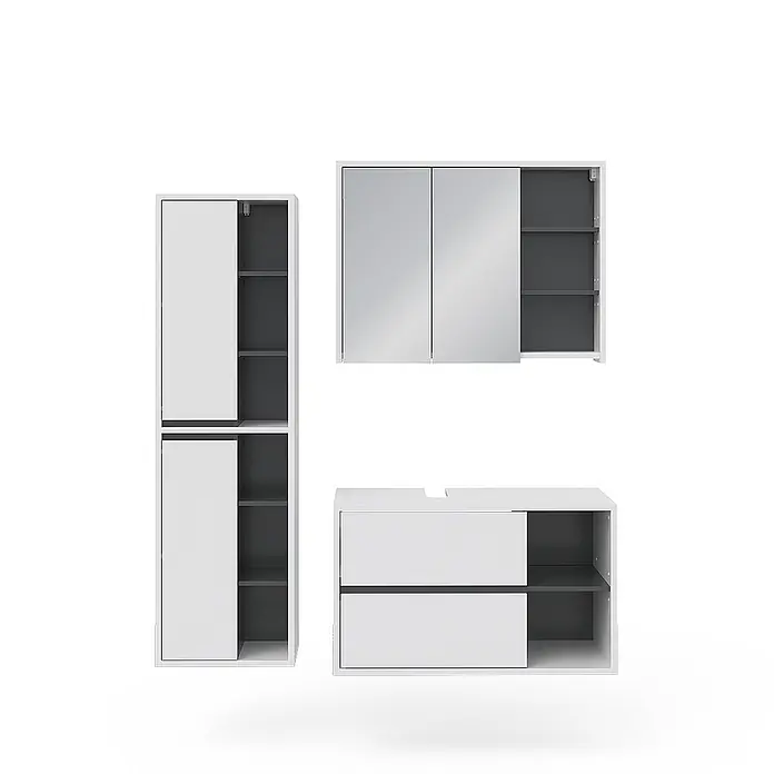 Vicco Badmöbel-Set Viola Weiß 3 Teile - Gesamtbreite Badmöbel: 150 cm, Weiß, Matt - Modernes weißes Badezimmerschrank-Set mit dunkelgrauen Innenräumen: Hochschrank, Spiegelschrank und Waschtischunterschrank mit Schubladen.