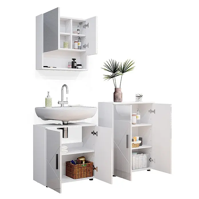 Vicco Badmöbel-Set Irma Weiß Hochglanz 3 Teile, mit Unterschrank 60 cm - Gesamtbreite Badmöbel: 120 cm, Weiß Hochglanz, Glänzend - Glänzendes weißes Badmöbel-Set mit Spiegelschrank, Waschtischunterschrank und Seitenschrank für Stauraum.