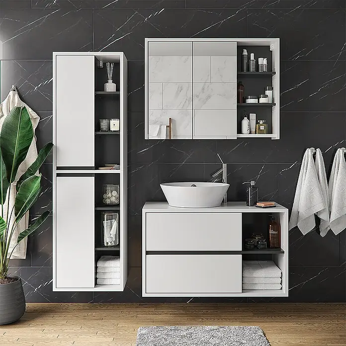 Vicco Badmöbel-Set Viola Weiß 3 Teile - Gesamtbreite Badmöbel: 150 cm, Weiß, Matt - Modernes weißes Badmöbel-Set mit Waschbecken, Hochschrank und Spiegelschrank mit Marmor-Akzenten.