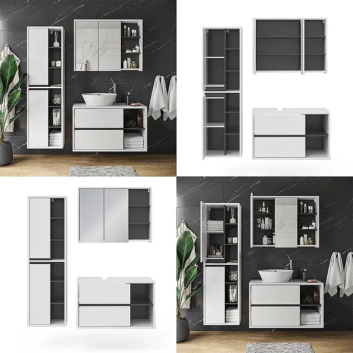 Vicco Badmöbel-Set Viola Weiß 3 Teile - Gesamtbreite Badmöbel: 150 cm, Weiß, Matt - Modernes Badezimmermöbelset in Weiß und Anthrazit: Hochschrank, Spiegelschrank und Waschtisch mit Keramikbecken.