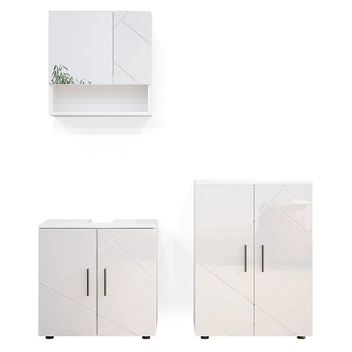 Vicco Badmöbel-Set Irma Weiß Hochglanz 3 Teile, mit Unterschrank 60 cm - Gesamtbreite Badmöbel: 120 cm, Weiß Hochglanz, Glänzend - Satz weißer modularer Badschränke mit geometrischem Muster und braunen Griffen, inkl. Wand-, Waschtisch- und Hochschränken.