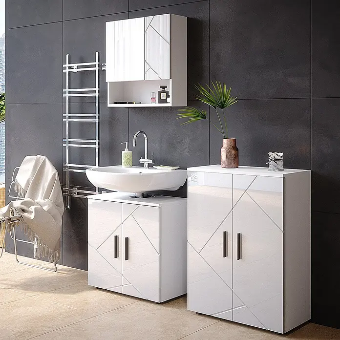 Vicco Badmöbel-Set Irma Weiß Hochglanz 3 Teile, mit Unterschrank 60 cm - Gesamtbreite Badmöbel: 120 cm, Weiß Hochglanz, Glänzend - Modernes hochglänzendes weißes Badmöbel-Set mit geometrischem Muster, bestehend aus Waschtisch, Hängeschrank und Bodenschrank im Bad.