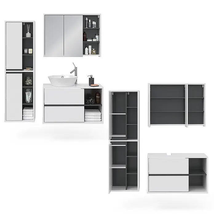 Vicco Badmöbel-Set Viola Weiß 3 Teile - Gesamtbreite Badmöbel: 150 cm, Weiß, Matt - Modulares Badmöbelset in Weiß und Dunkelgrau mit Waschtisch, Spiegelschrank und Hochschränken, offen und geschlossen gezeigt.