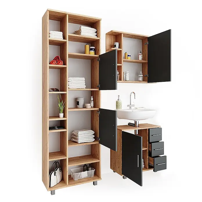 Vicco Badmöbel-Set Ilias Eiche 3 Teile, mit Unterschrank 60 cm - Gesamtbreite Badmöbel: 120 cm, Eiche, Matt - Modernes Badmöbelset aus hellem Holz mit schwarzen Schränken und Waschtisch.