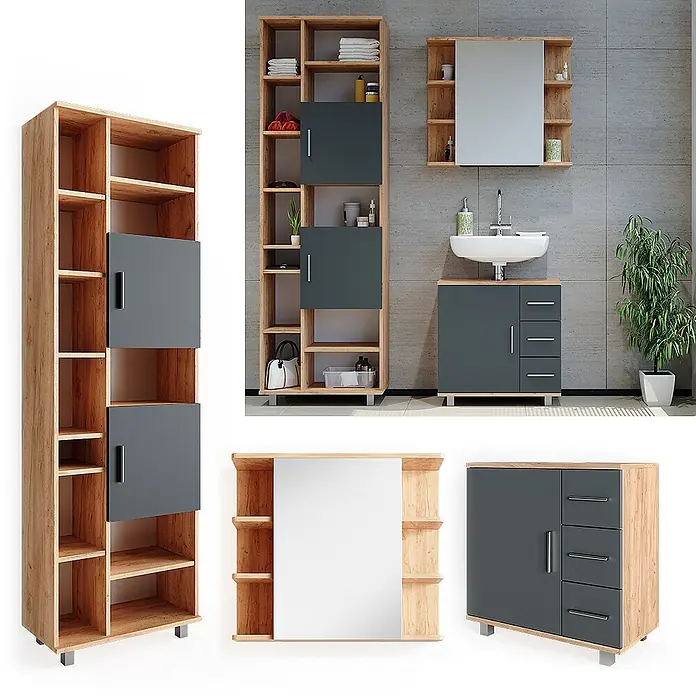 Vicco Badmöbel-Set Ilias Eiche 3 Teile, mit Unterschrank 60 cm - Gesamtbreite Badmöbel: 120 cm, Eiche, Matt - Modernes Badmöbel-Set: Hochschrank, Waschtisch mit Waschbecken und Spiegelschrank, mit heller Eichenoptik und dunkelgrauen Fronten.