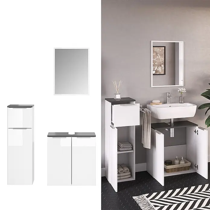 Vicco Badmöbel-Set Otis Weiß 3 Teile - Gesamtbreite Badmöbel: 88 cm, Weiß, Matt - Weiß-graues Badmöbel-Set: Wandspiegel, Hochschrank und Waschtischunterschrank mit Waschbecken.