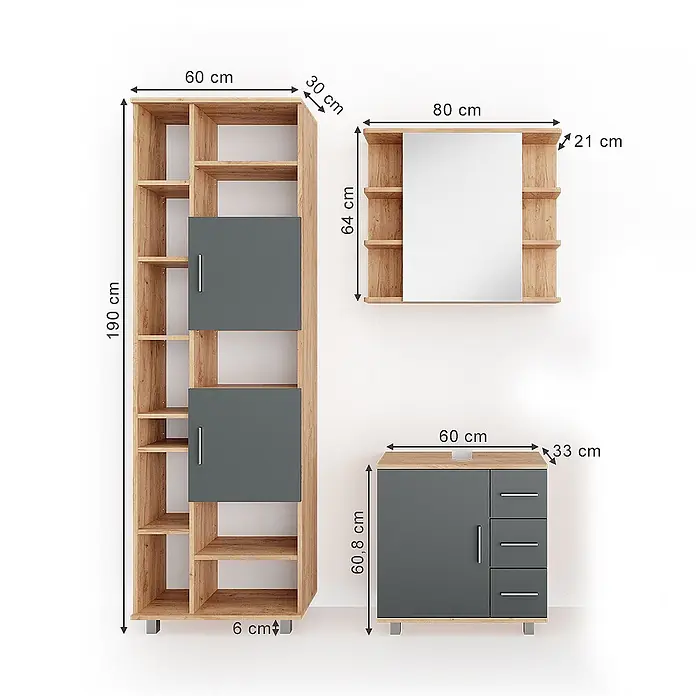 Vicco Badmöbel-Set Ilias Eiche 3 Teile, mit Unterschrank 60 cm - Gesamtbreite Badmöbel: 120 cm, Eiche, Matt - Modulares Möbelset aus Holz und Dunkelgrau: hohes Regal, Wandspiegelschrank und Kommode mit Schubladen.