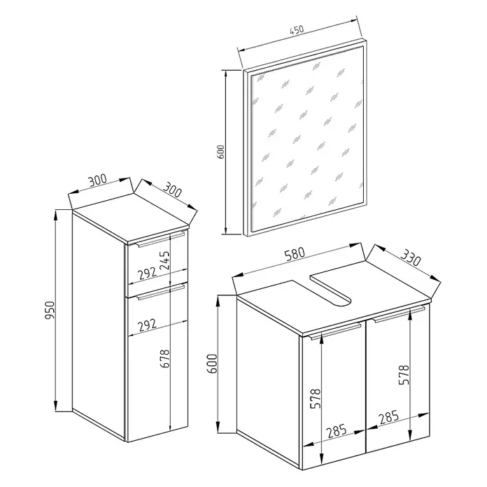 Vicco Badmöbel-Set Otis Weiß 3 Teile - Gesamtbreite Badmöbel: 88 cm, Weiß, Matt - Technische Zeichnung eines Badsets: Hochschrank (H950xB300xT300mm), Waschbeckenunterschrank (H600xB580xT330mm) mit zwei Türen und Spiegel (H600xB450mm).