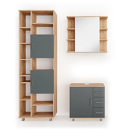 Vicco  Badmöbel-Set Ilias Eiche 3 Teile, mit Unterschrank 60 cm