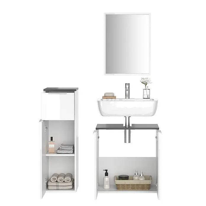 Vicco Badmöbel-Set Otis Weiß 3 Teile - Gesamtbreite Badmöbel: 88 cm, Weiß, Matt - Weißes Hochglanz-Badmöbelset mit Waschbecken, Spiegel und zwei Schränken mit dunkelgrauen Platten, zeigt organisierten Stauraum.