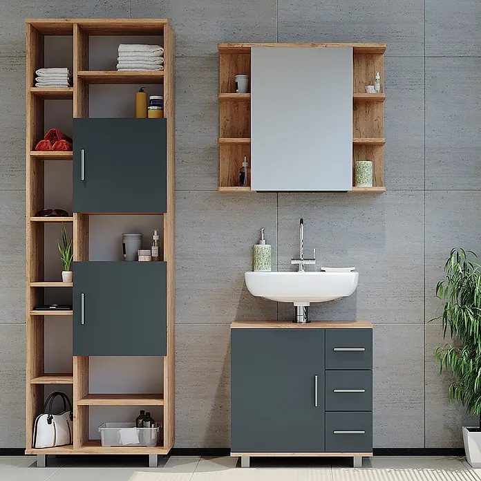 Vicco Badmöbel-Set Ilias Eiche 3 Teile, mit Unterschrank 60 cm - Gesamtbreite Badmöbel: 120 cm, Eiche, Matt - Modernes Badmöbel-Set: hoher Schrank, Spiegelschrank aus hellem Holz und grauer Waschtischunterschrank mit weißem Waschbecken.