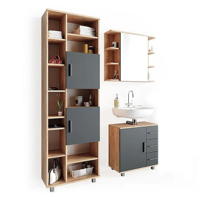 Vicco Badmöbel-Set Ilias Eiche 3 Teile, mit Unterschrank 60 cm - Gesamtbreite Badmöbel: 120 cm, Eiche, Matt - Badezimmermöbel-Set in Holzoptik und Dunkelgrau, mit Hochschrank, Spiegelschrank und Waschtisch mit Waschbecken.