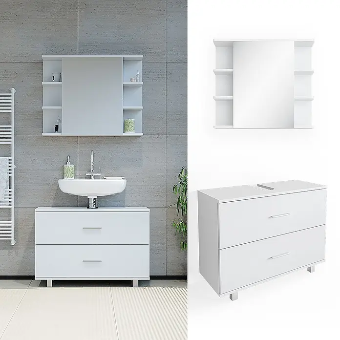 Vicco Badmöbel-Set Ilias Weiß 2 Teile, Unterschrank 80 cm - Gesamtbreite Badmöbel: 80,2 cm, Weiß, Matt - Weißer Badunterschrank mit zwei Schubladen und passendem Spiegelschrank mit Schiebespiegel und Regalen.