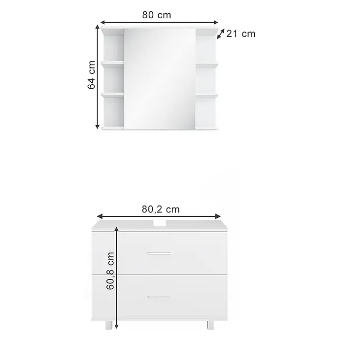 Vicco Badmöbel-Set Ilias Weiß 2 Teile, Unterschrank 80 cm - Gesamtbreite Badmöbel: 80,2 cm, Weiß, Matt - Weißes Badmöbel-Set mit Spiegelschrank (80x64x21 cm) und Waschtischunterschrank mit zwei Schubladen (80,2x60,8 cm).