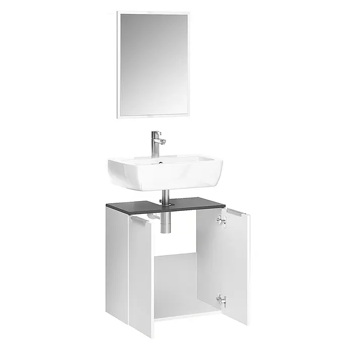 Vicco Badmöbel-Set Otis Weiß 2 Teile - Gesamtbreite Badmöbel: 58 cm, Weiß, Matt - Weißer Badezimmerschrank mit dunkelgrauer Arbeitsplatte, weißem rechteckigem Waschbecken, Chromarmatur und rechteckigem Spiegel, Türen offen.