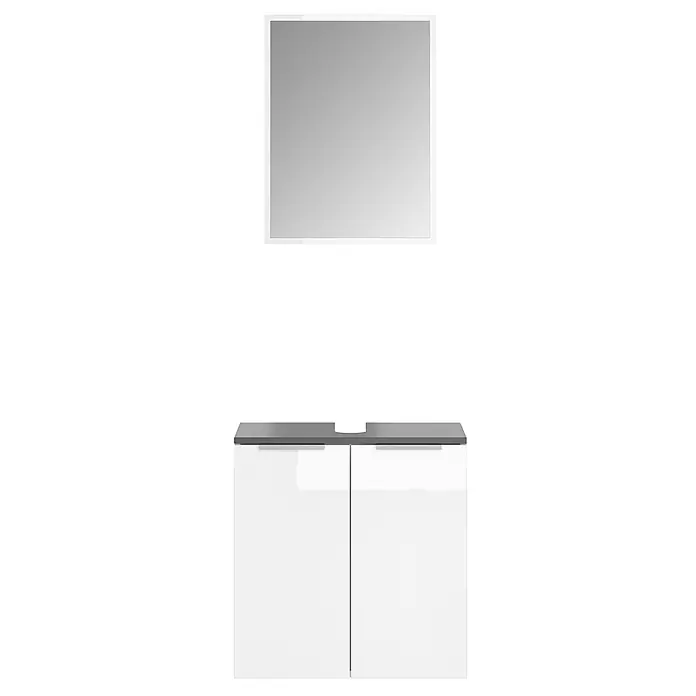 Vicco Badmöbel-Set Otis Weiß 2 Teile - Gesamtbreite Badmöbel: 58 cm, Weiß, Matt - Weißer Badunterschrank mit dunkelgrauer Platte und zwei Türen, dazu ein weißgerahmter Spiegel.