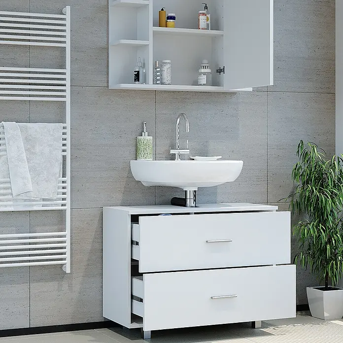 Vicco Badmöbel-Set Ilias Weiß 2 Teile, Unterschrank 80 cm - Gesamtbreite Badmöbel: 80,2 cm, Weiß, Matt - Weißer Badschrank mit offenen Schubladen, Aufsatzwaschbecken und Wandschrank.