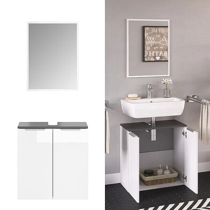 Vicco Badmöbel-Set Otis Weiß 2 Teile - Gesamtbreite Badmöbel: 58 cm, Weiß, Matt - Weißer Hochglanz-Badunterschrank mit dunkelgrauer Arbeitsplatte und Waschbecken, sowie passendem rechteckigem Spiegel.