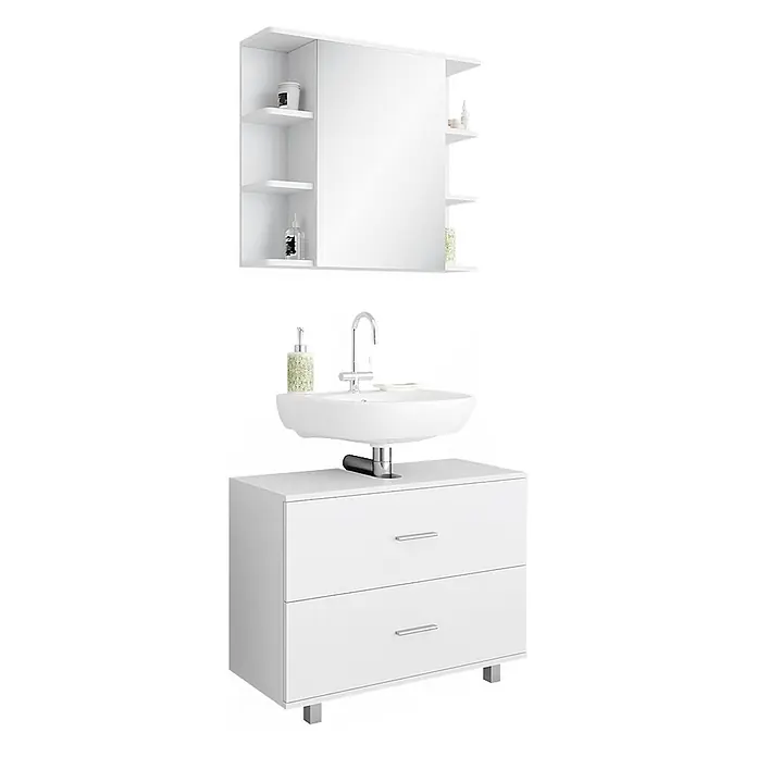Vicco Badmöbel-Set Ilias Weiß 2 Teile, Unterschrank 80 cm - Gesamtbreite Badmöbel: 80,2 cm, Weiß, Matt - Weißes Badmöbelset mit Spiegelschrank mit Regalen und Waschtischunterschrank mit zwei Schubladen.