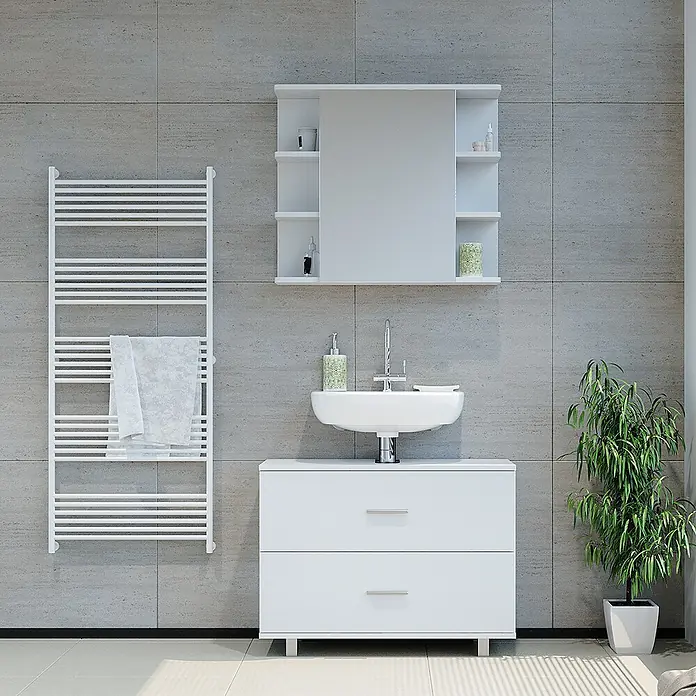 Vicco Badmöbel-Set Ilias Weiß 2 Teile, Unterschrank 80 cm - Gesamtbreite Badmöbel: 80,2 cm, Weiß, Matt - Modernes weißes Badmöbel-Set mit Spiegelschrank, Waschbecken, Waschtischunterschrank und Handtuchwärmer.