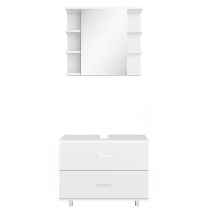Vicco Badmöbel-Set Ilias Weiß 2 Teile, Unterschrank 80 cm - Gesamtbreite Badmöbel: 80,2 cm, Weiß, Matt - Weißes Badmöbel-Set mit Spiegelschrank, offenen Regalen und Unterschrank mit zwei Schubladen.