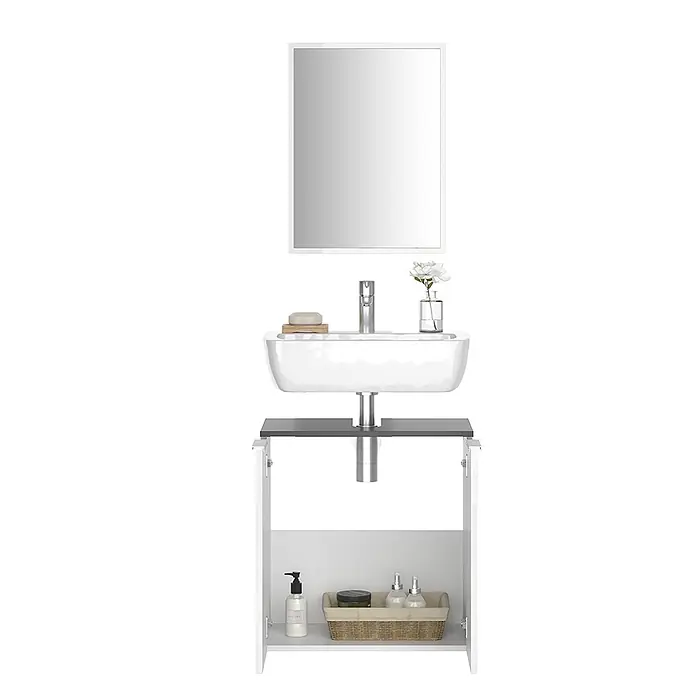 Vicco Badmöbel-Set Otis Weiß 2 Teile - Gesamtbreite Badmöbel: 58 cm, Weiß, Matt - Moderner weißer Badwaschtisch mit Keramikbecken, Chromarmatur, Spiegel und offenem Unterschrank mit Pflegeprodukten.