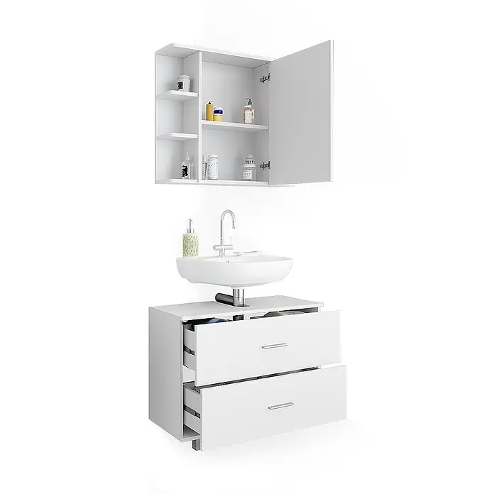 Vicco Badmöbel-Set Ilias Weiß 2 Teile, Unterschrank 80 cm - Gesamtbreite Badmöbel: 80,2 cm, Weiß, Matt - Weißer Badunterschrank mit zwei offenen Schubladen, integriertem Waschbecken und offenem Hängeschrank.