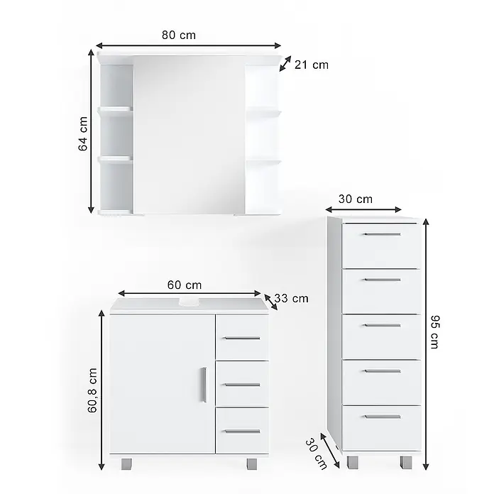 Vicco Badmöbel-Set Ilias Weiß 3 Teile, mit Midischrank - Gesamtbreite Badmöbel: 90 cm, Weiß, Matt - Weißes Badmöbelset mit Spiegelschrank, Waschtischunterschrank und Hochschrank, inklusive detaillierter Maße.