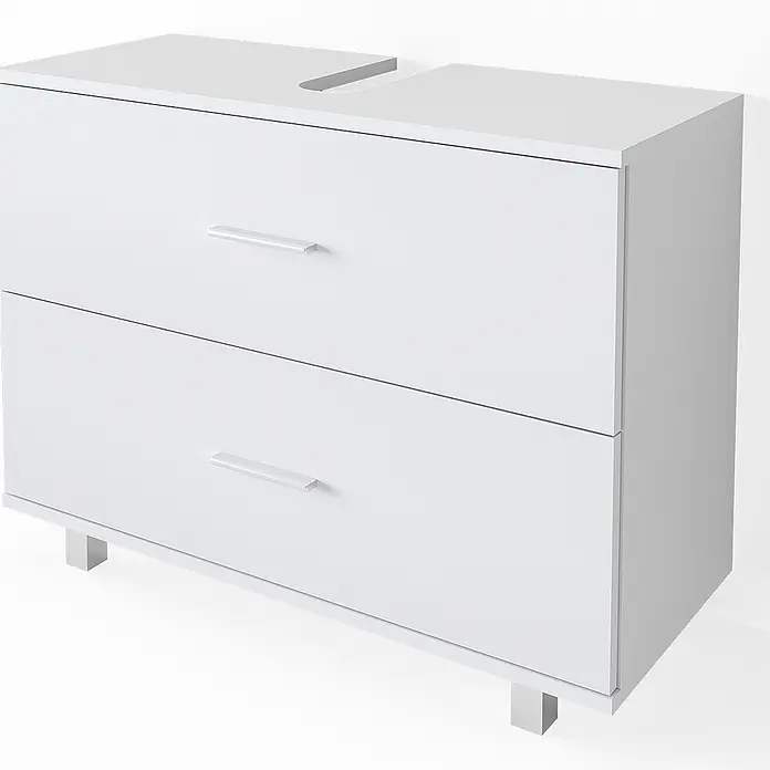 Vicco Badmöbel-Set Ilias Weiß 2 Teile, Unterschrank 80 cm - Gesamtbreite Badmöbel: 80,2 cm, Weiß, Matt - Weißer Badunterschrank mit zwei Schubladen, Chromgriffen, eckigen Beinen und einer Aussparung oben.