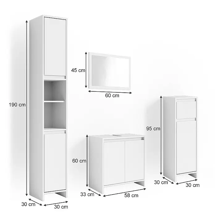 Vicco Badmöbel-Set Emma Weiß 4 Teile - Gesamtbreite Badmöbel: 118 cm, Weiß, Matt - Weißes Badmöbelset: ein hoher Hochschrank, ein Spiegel, ein Waschtischunterschrank und ein Wäschesammelschrank.