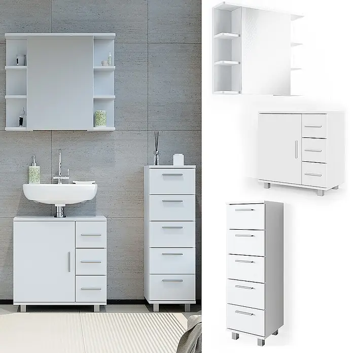 Vicco Badmöbel-Set Ilias Weiß 3 Teile, mit Midischrank - Gesamtbreite Badmöbel: 90 cm, Weiß, Matt - Weißes Badmöbel-Set mit Spiegelschrank, Waschbeckenunterschrank und hohem Schubladenschrank.