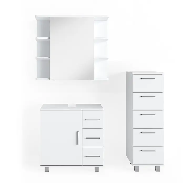 Vicco Badmöbel-Set Ilias Weiß 3 Teile, mit Midischrank - Gesamtbreite Badmöbel: 90 cm, Weiß, Matt - Weißes Badmöbel-Set: Spiegelschrank, Waschtischunterschrank mit Tür und Schubladen, sowie ein hoher Schubladenschrank. Alle mit silbernen Griffen/Füßen.