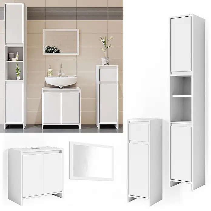 Vicco Badmöbel-Set Emma Weiß 4 Teile - Gesamtbreite Badmöbel: 118 cm, Weiß, Matt - Weißes, modernes Badmöbel-Set mit Hoch- und Unterschränken, einem Waschtisch mit Waschbecken und einem Spiegel.