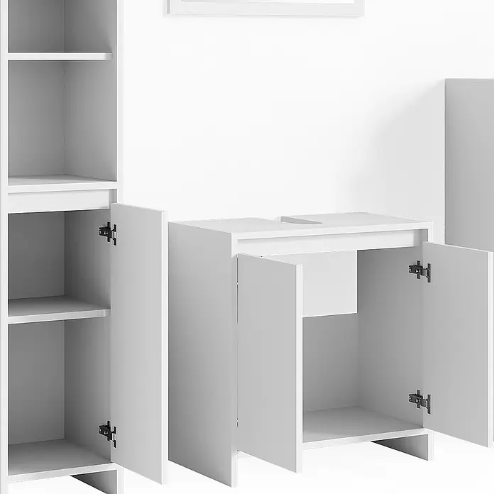 Vicco Badmöbel-Set Emma Weiß 4 Teile - Gesamtbreite Badmöbel: 118 cm, Weiß, Matt - Weißes modulares Badezimmermöbel-Set mit offenen Türen, bestehend aus Hochschrank und Waschtischunterschrank.