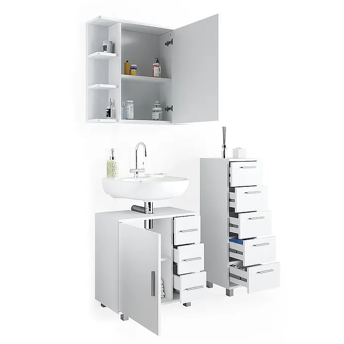Vicco Badmöbel-Set Ilias Weiß 3 Teile, mit Midischrank - Gesamtbreite Badmöbel: 90 cm, Weiß, Matt - Weißes Badmöbel-Set mit Hängeschrank, Waschtischunterschrank und hohem Schubladenschrank für geordnete Aufbewahrung.