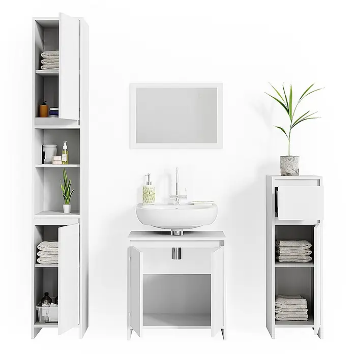Vicco Badmöbel-Set Emma Weiß 4 Teile - Gesamtbreite Badmöbel: 118 cm, Weiß, Matt - Weißes Badezimmermöbelset: Hochschrank, Waschtisch mit Aufsatzwaschbecken und Unterschrank, mit offener Aufbewahrung.