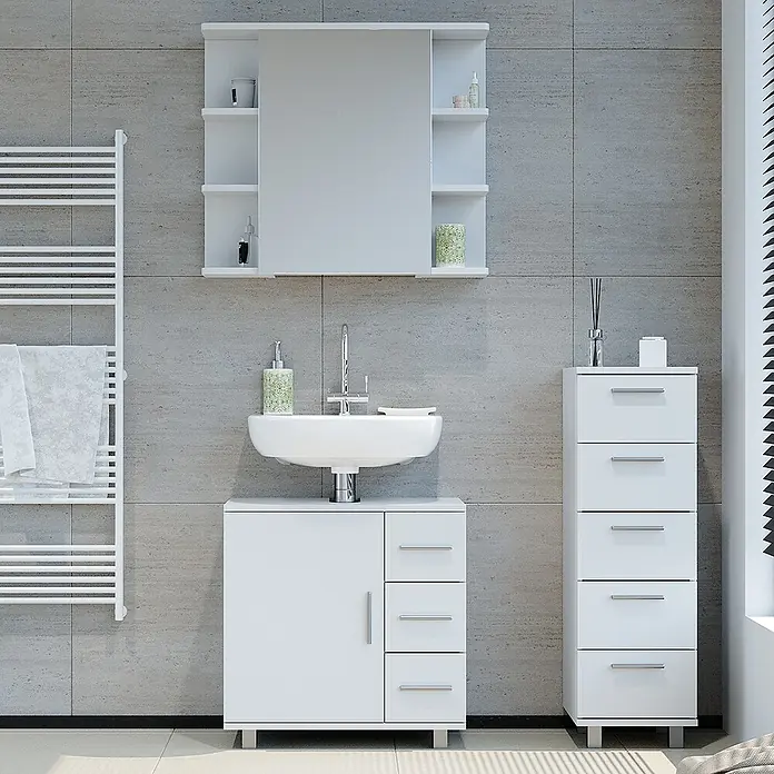 Vicco Badmöbel-Set Ilias Weiß 3 Teile, mit Midischrank - Gesamtbreite Badmöbel: 90 cm, Weiß, Matt - Weißer Badschrank mit Waschbecken, Spiegelschrank und hohem Schubladenschrank für ein modernes Bad.