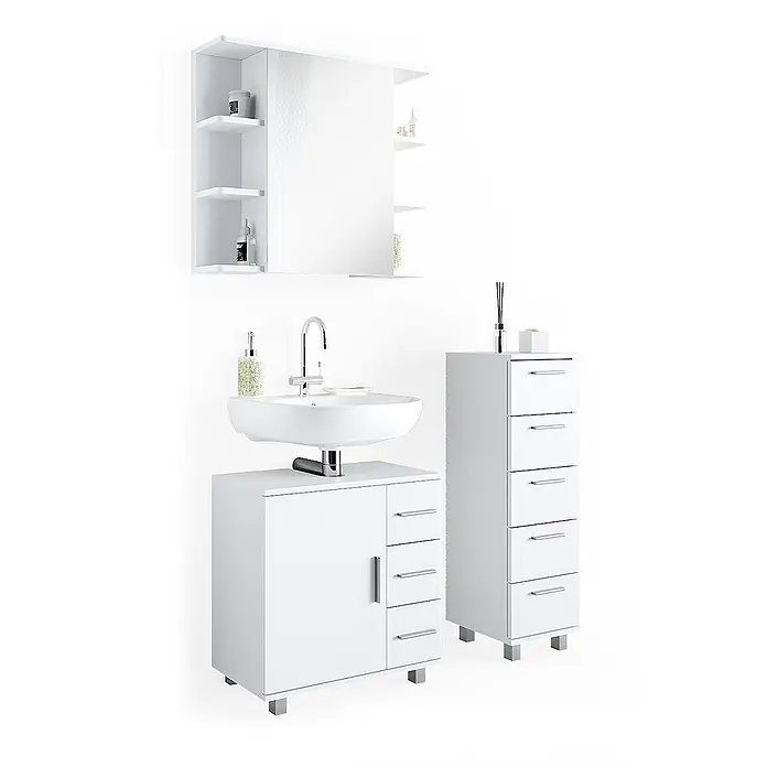 Vicco Badmöbel-Set Ilias Weiß 3 Teile, mit Midischrank - Gesamtbreite Badmöbel: 90 cm, Weiß, Matt - Weißes Badmöbel-Set mit Waschbeckenunterschrank, hohem Schrank und Spiegelschrank mit Regalen.