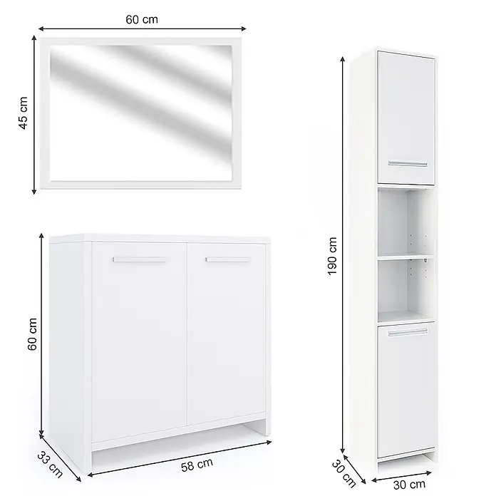 Vicco Badmöbel-Set Kiko Weiß 3 Teile, mit Hochschrank - Gesamtbreite Badmöbel: 88 cm, Weiß, Matt - Weißes Badmöbelset: Spiegel, niedriger Schrank mit zwei Türen und hoher Schrank mit Türen und Regalen.