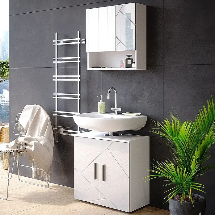 Vicco Badmöbel-Set Irma Weiß Hochglanz 2 Teile, Unterschrank 60 cm - Gesamtbreite Badmöbel: 60 cm, Weiß Hochglanz, Glänzend - Weißer glänzender Badezimmerschrank mit geometrischen Türen und Waschbecken, kombiniert mit passendem Spiegelschrank für stilvollen Stauraum.