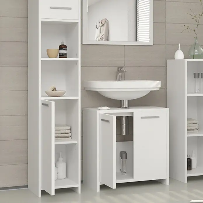Vicco Badmöbel-Set Kiko Weiß 3 Teile, mit Hochschrank - Gesamtbreite Badmöbel: 88 cm, Weiß, Matt - Weißes Badezimmerschrank-Set mit Waschbecken, bestehend aus hohen und Waschtischunterschränken, teilweise geöffnet.