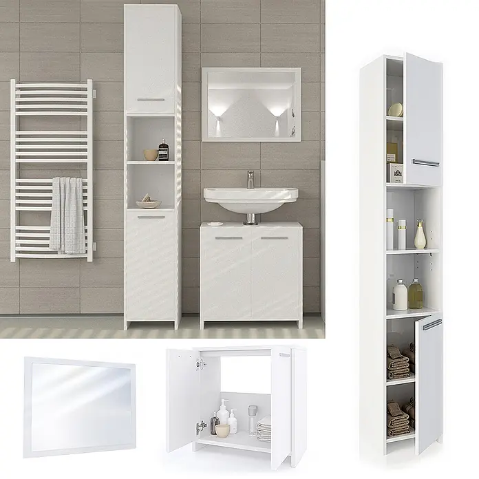 Vicco Badmöbel-Set Kiko Weiß 3 Teile, mit Hochschrank - Gesamtbreite Badmöbel: 88 cm, Weiß, Matt - Modernes weißes Badezimmermöbelset mit Hochschrank, Waschbeckenunterschrank und Spiegel in einem gefliesten Bad.