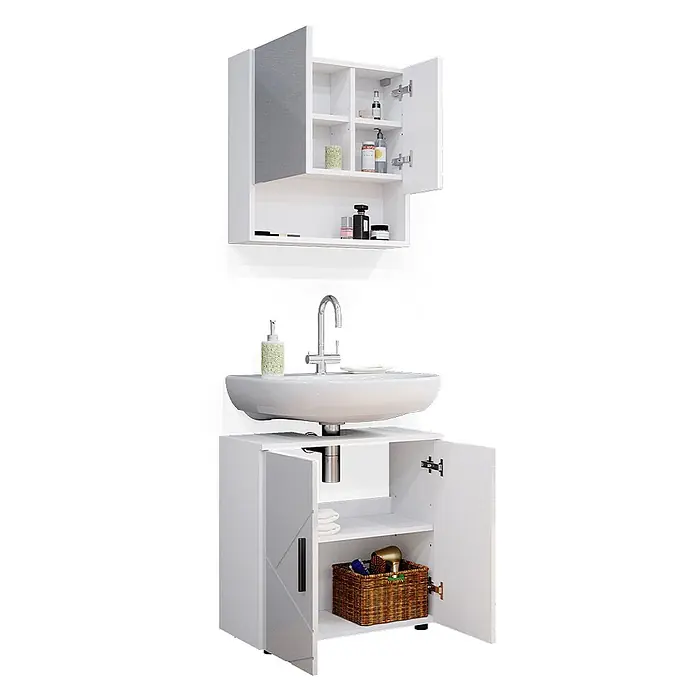 Vicco Badmöbel-Set Irma Weiß Hochglanz 2 Teile, Unterschrank 60 cm - Gesamtbreite Badmöbel: 60 cm, Weiß Hochglanz, Glänzend - Modernes weißes Badmöbelset mit Waschbecken, Unterschrank und einem oberen Spiegelschrank.