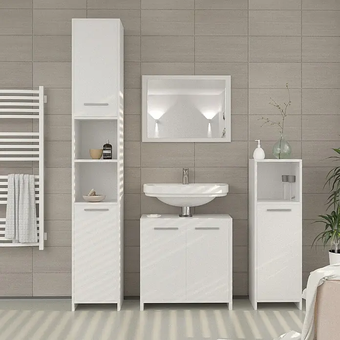 Vicco Badmöbel-Set Kiko Weiß 3 Teile, mit Hochschrank - Gesamtbreite Badmöbel: 88 cm, Weiß, Matt - Weißes Badmöbel-Set mit Hochschränken, Waschtischunterschrank und Handtuchwärmer im modernen Badezimmer.