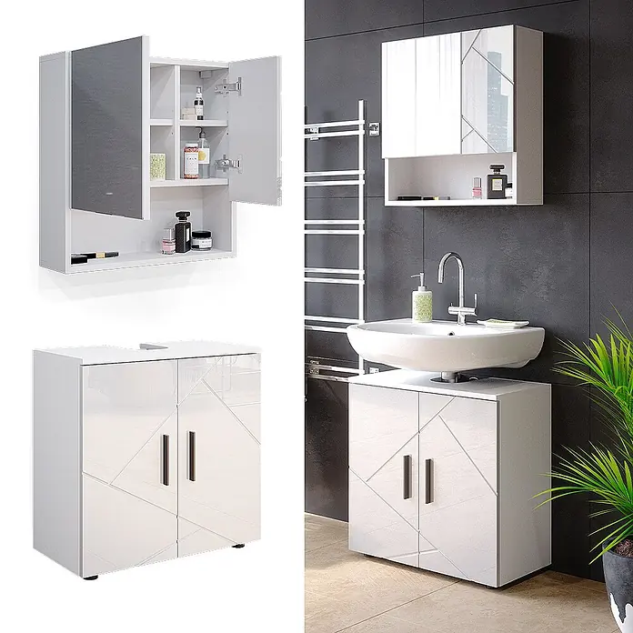 Vicco Badmöbel-Set Irma Weiß Hochglanz 2 Teile, Unterschrank 60 cm - Gesamtbreite Badmöbel: 60 cm, Weiß Hochglanz, Glänzend - Weißer Hochglanz-Badezimmerschrank mit Spiegeln und passendem Waschtischunterschrank.