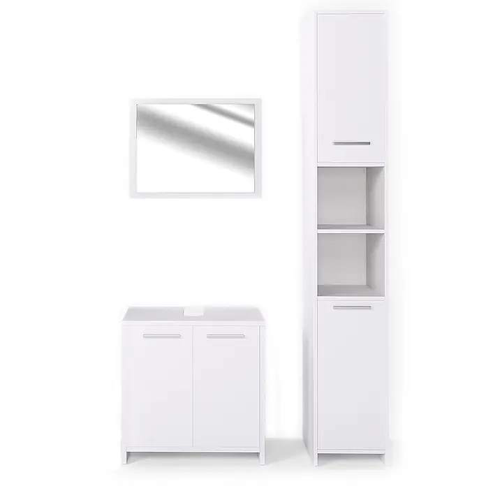 Vicco Badmöbel-Set Kiko Weiß 3 Teile, mit Hochschrank - Gesamtbreite Badmöbel: 88 cm, Weiß, Matt - Weißes Badezimmermöbel-Set: Spiegel, zweitüriger Waschbeckenunterschrank und hoher Schrank mit Regalen und Türen.