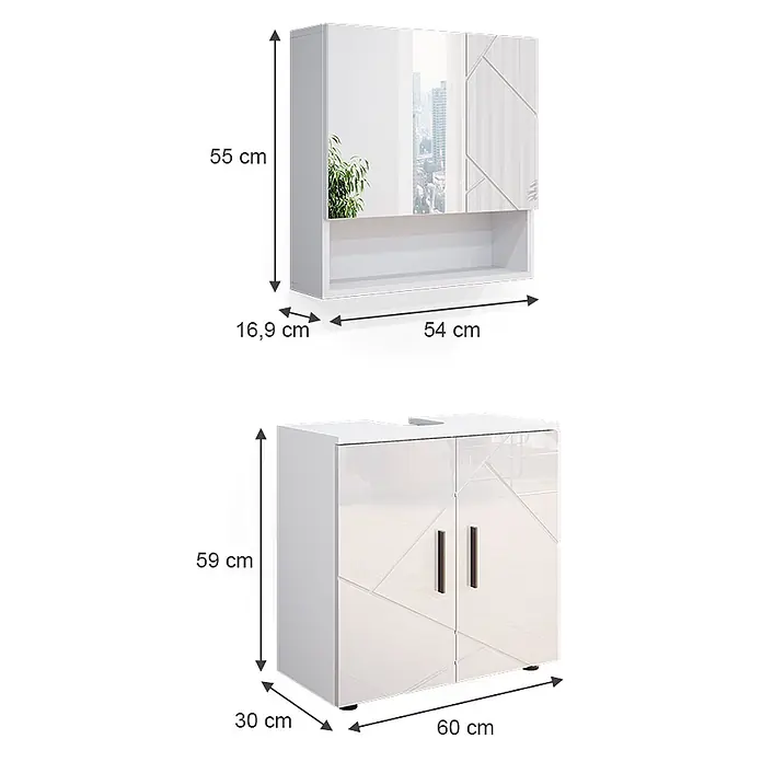 Vicco Badmöbel-Set Irma Weiß Hochglanz 2 Teile, Unterschrank 60 cm - Gesamtbreite Badmöbel: 60 cm, Weiß Hochglanz, Glänzend - Weißes Badmöbelset: Wandschrank mit Spiegel und Waschtischunterschrank mit gemusterten Fronten, Maße angegeben.